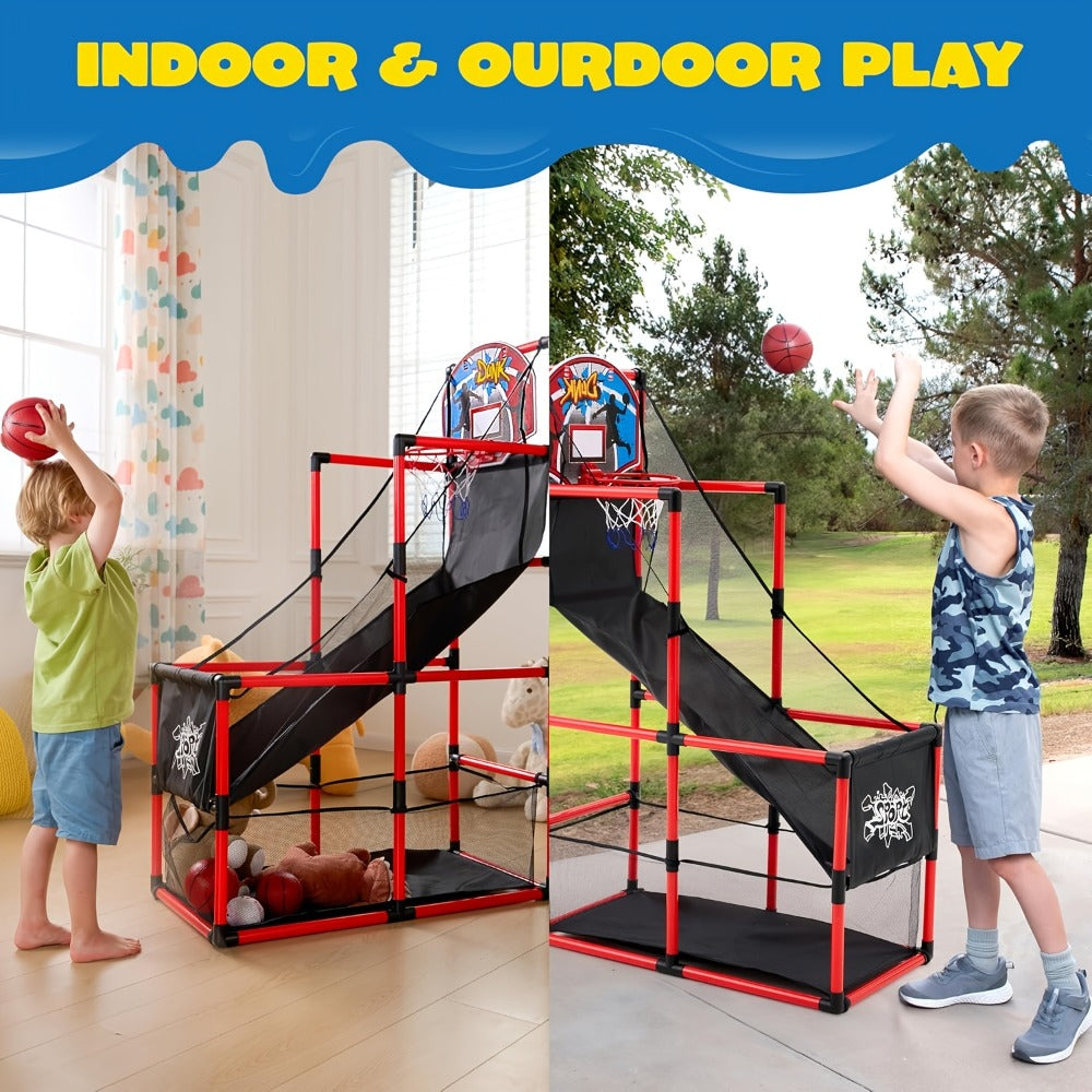 Kids Adjustable Basketball Hoop Set Arcade-Style Stand 4 Balls Air Pump 55 Inch Height Indoor Outdoor Sport Play Birthday Christmas Gift Boys Girls Ages 3+ Multicolor Red Blue