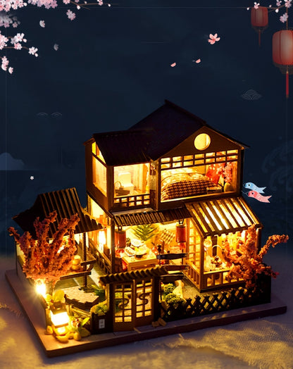 1pc DIY Miniature House Kit, Sakura Style House, Adult Building Dollhouse Kit, Wooden Dollhouse Kit, Model Building Kit, Halloween, Christmas Gift (Glue and Batteries Not Included)