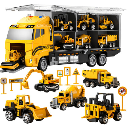 [Christmas Birthday Gift] HOME 13-in-1 Construction Truck Vehicle Toy Set with Die-Cast Cars & Play-Mat, Transport Carrier Truck Toy Set for Aged 3+, Christmas Birthday Gift [Random Color Of Accessories