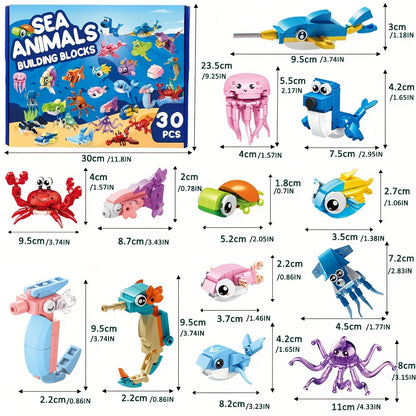 30pcs Pack Ocean Building Blocks Toys Suitable for Kids, Boys & Girls - Mini Marine-Themed Bricks with Blocks, Building Set for Birthday Party Favors, Classroom Prizes, Stocking Stuffers & Goodie Fillers