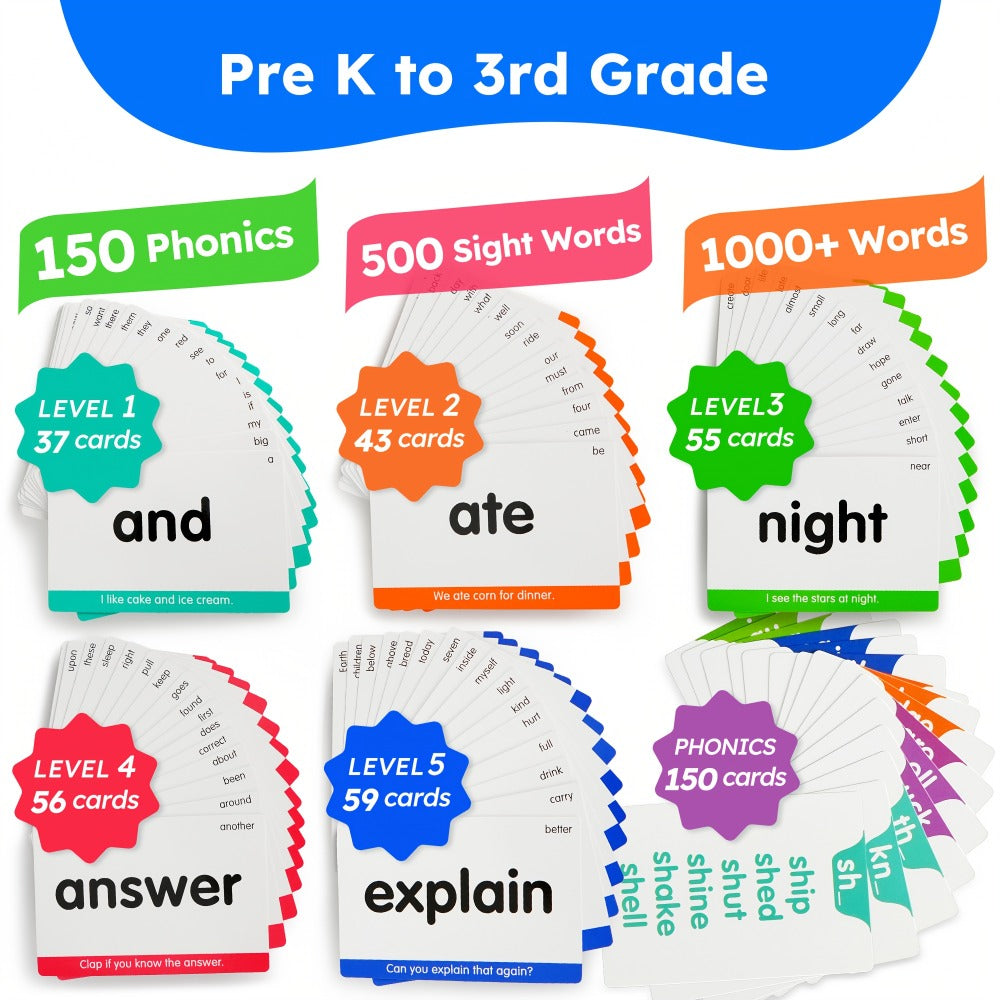 Sight Words Flash Cards 500 Cards & 150 Phonics Cards Set 1000+ Dolch Fry High Frequency Words CVC Blends Long Vowels | Learn to Read Cards Pre-K Kindergarten 1st 2nd 3rd Grade Ages 3+