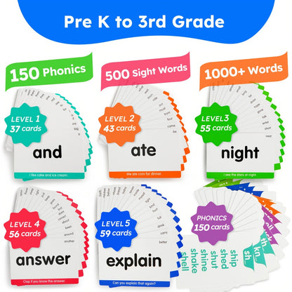 Sight Words Flash Cards 500 Cards & 150 Phonics Cards Set 1000+ Dolch Fry High Frequency Words CVC Blends Long Vowels | Learn to Read Cards Pre-K Kindergarten 1st 2nd 3rd Grade Ages 3+