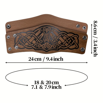 2pcs Viking Embossed Faux Leather Cuff Bracelets - Norwegian Vintage Wristbands with Nordic Mjolnir & Vegvisir Designs