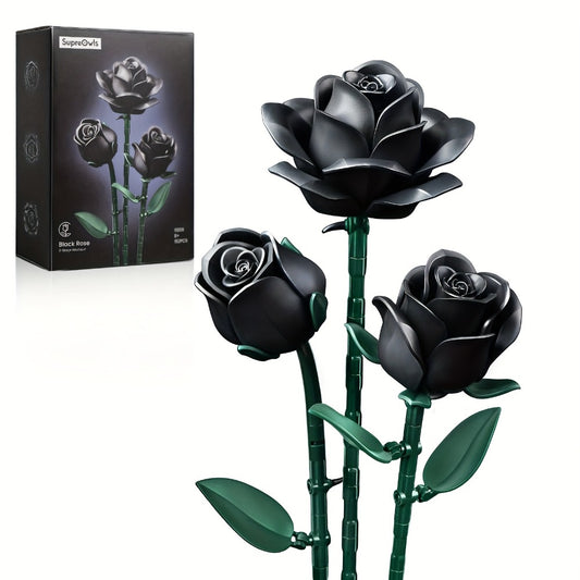Special Party Gift Gothic Black Rose Flower Artificial Flower Art Piece Background Bouquet Building Set 3 Rose Building Pieces Set 152pcs
