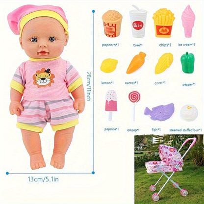 Baby Doll Set with Stroller 12 Realistic 11 Inch Baby Dolls + Doll Accessories – Pink or Purple Doll Car Included, Ultimate Nurturing Play Gift for Girls Kids Ages 3+ Holiday Birthday Christmas