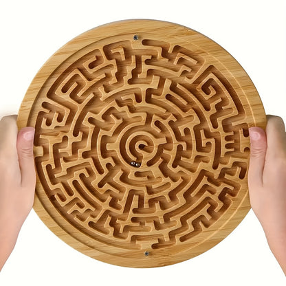 A Large Round Wooden Maze with PC Steel Ball, Balance Maze Board, Two Metal Ball Challenges And Maze Puzzles Is Used to Improve Concentration And Train Wooden Balance Board, Metal Ball Challenges And Puzzle Games, Which Is Suitable for Brain Training