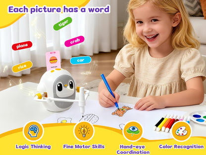 Drawing Robot for Kids with 200 Learning Cards & 12 Color Pens | Interactive Educational Toy, Tablet-Free Drawing Game, Step-by-Step Lessons, Suitable for Boys & Girls Ages 3+, ABS Material, USB Charging