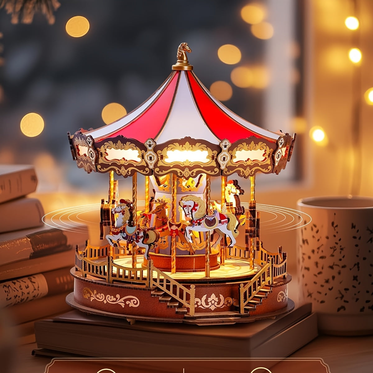 Rolife Carousel Music Box Kit – DIY 3D Wooden Puzzle Architectural Craft Model, Spinning Carousel with Music, Hobby Home Decor, Valentine's Day Birthday Christmas Anniversary Gift for Adults Teens