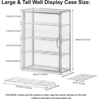 4 Tiers Wall-Mounted Acrylic Display Case | Clear Figure Display with 3 Adjustable Dividers, Magnetic Door, Dust-Proof, Large Collectibles Storage Shelf