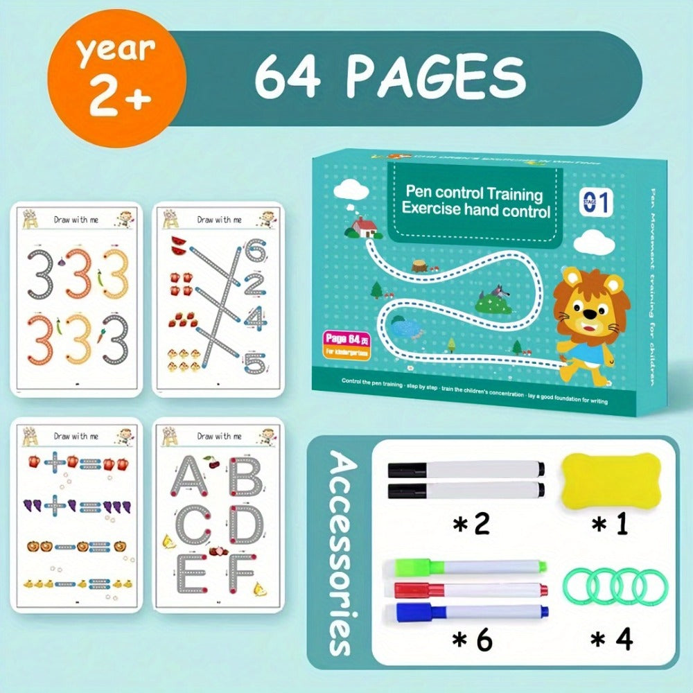 Magic Practice Handwriting Book Set for Kids Ages 3-8 | 64 Pages + 8 Erasable Pens | Writing & Drawing Workbook with Refills | Pen Control Tracing Activity Book