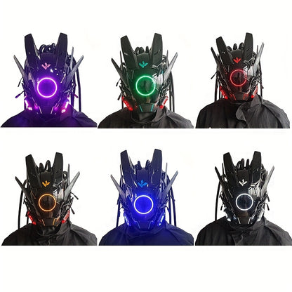 1pc Fashion Cool LED Punk Mask with Braids, Futurist Sci Fi Mechanical Mask Halloween Cosplay Samurai Mask Music Festival Party Cool Play Accessories Adult Gift