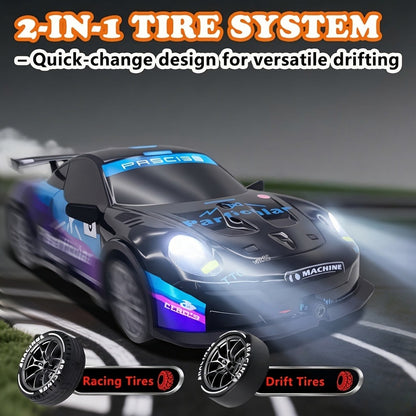 BSJ RC Drift Car 1:24 Scale 4WD 28KM/H Alloy Body with Drift Tires, LED Lights, Barricades & 2 Batteries – Crash-Resistant Racing Car for Boys & Girls, Birthday Christmas Gift (Black/Yellow)