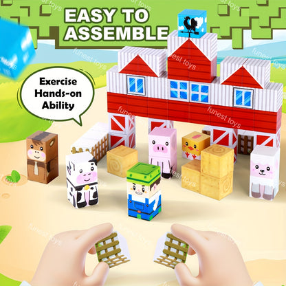 54pcs Magnetic Construction Block Set - Farm Animal And Farmer Theme STEM Educational Toy, Magnetic Cubes for Children, Creative And Learning Building Toys, Ideal Gift for Christmas, Birthdays, And Easter