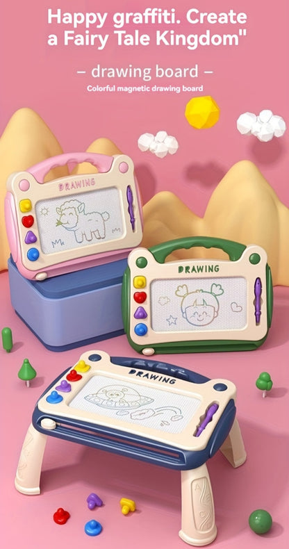 Magnetic Drawing Board for Kids with 4 Stamps Paintbrush & 4 Stands – Mess-Free One-Slide Erase Early Learning Educational Art Toy Gift for Boys Girls Ages 3-8 Blue Green Pink