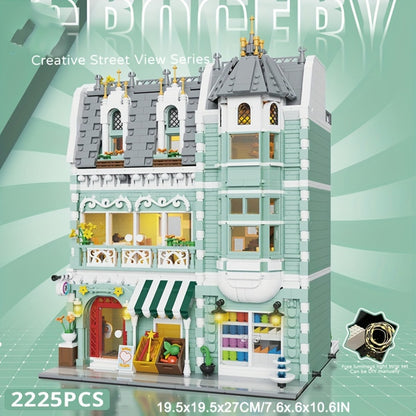 Modular City Street Building Blocks Set – European Architecture Scene with Grocery Store & Market Street, 3-Level Mini Brick Model, Creative Assembly Toy for Adults & Teens, Home Decor Display