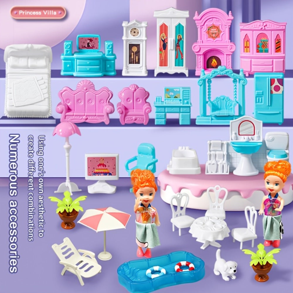 LED Dollhouse Playset for Girls – Purple Multi-Room Playhouse with Doll Figures, Puppies, Furniture & LED Lighting, 6 to 16 Room Options, Creative Imaginative Gift for Girls Ages 3-10 Birthday Christmas
