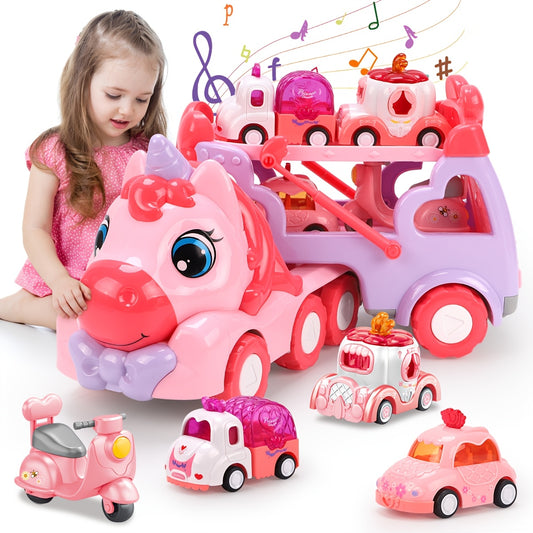 [Perfect Holiday Gift] Kids Carrier Truck Toys With 4 Mini Cars | Pink, Music Light, Battery Powered, Pull-Back Operation, Non-Rechargeable AA Batteries, Ideal For Boys And Girls, Perfect Holiday Gift