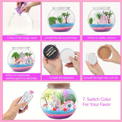 Unicorn Terrarium Craft Kit for Girls — DIY Magic Garden with 13-Color LED Night Light & Remote Control, Arts & Crafts Toy for Kids Ages 6+, Birthday Christmas Gift, STEM Sensory Activity