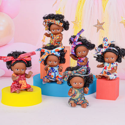 6pcs Mini Curly Hair Black Baby Doll Set With Gift Box Package-4.5 Inch Cute Flower Printed Clothes Wearing Youngsters Dolls Perfect For Kids Birthday, Holiday Gift(The Doll'S Clothing Features Random Patterns)