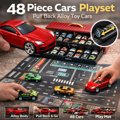 Parking Garage Toy Set 48pcs for Boys, 4-Level Car Garage with Friction Powered Mini Cars Track Ramp, Toddler Vehicle Playset Birthday Gift Ages 3 4 5 6