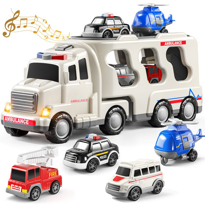 Babyhome Ambulance Truck 5 in 1 with Lighting & Sound, Friction Power Vehicle, Rescue Helicopter, Police Car, Fire Truck, Ambulance, Christmas, Birthday Gift, Interactive Toy Combination Toy Car