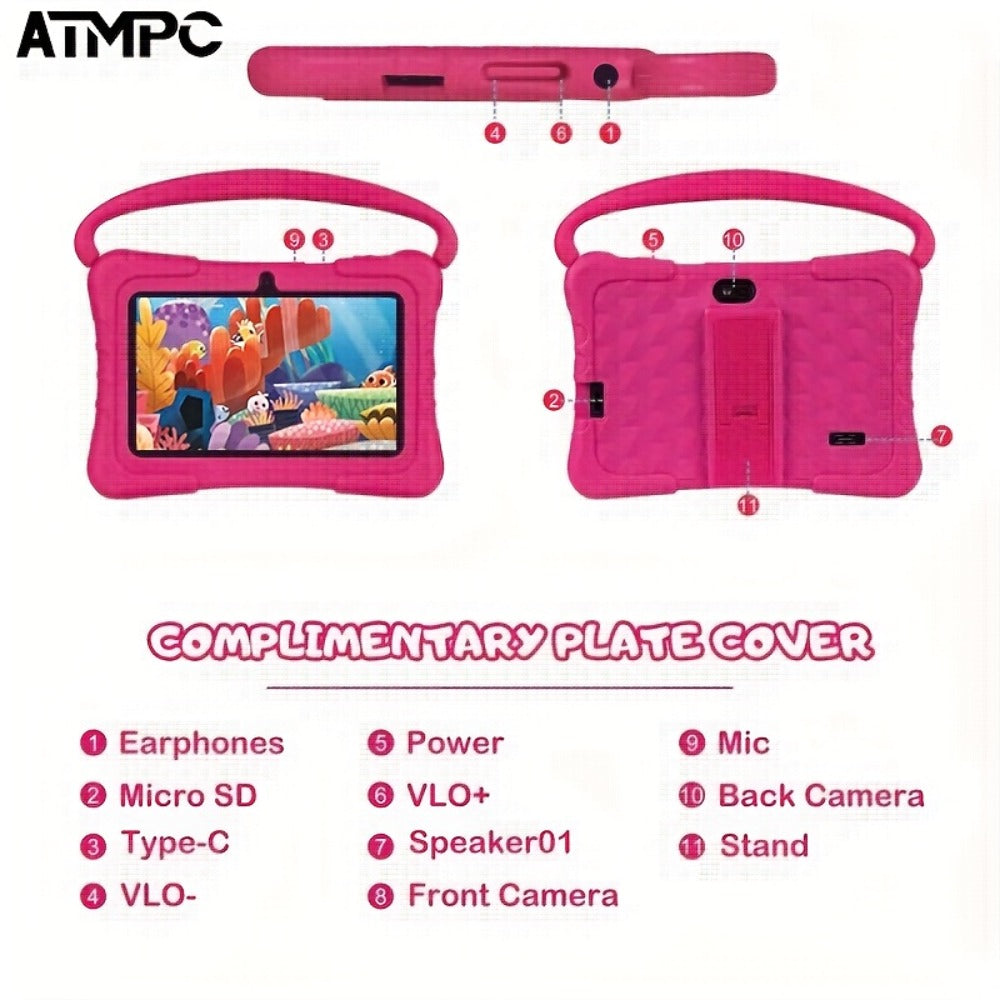 ATMPC, Local Warehouse, 7 Inch Kids Tablet, 4GB RAM 32GB ROM Android 14, Wifi, Learning Tablet, Safety Eye Protection Screen & Parental Control APP, Drop Proof Silicone Case, Learning Device, HD Touchscreen, Cool Cheap Toys, Christmas Gifts