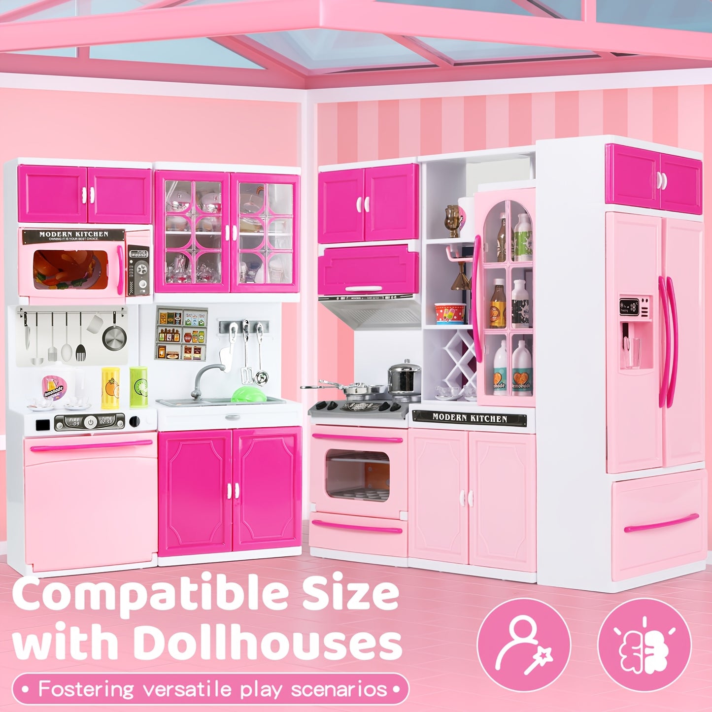 64pcs Pink Kitchen Toys with Realistic Lights & Sounds, Mini Furniture Pretend Playset for Kids, Doll Kitchen House Toy