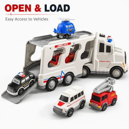 Babyhome Ambulance Truck 5 in 1 with Lighting & Sound, Friction Power Vehicle, Rescue Helicopter, Police Car, Fire Truck, Ambulance, Christmas, Birthday Gift, Interactive Toy Combination Toy Car