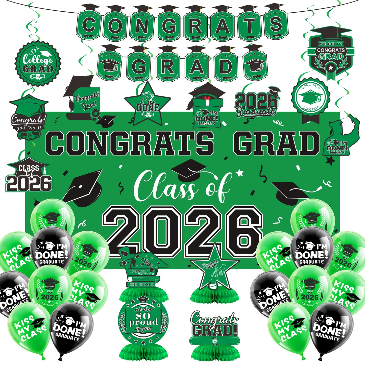 Graduation Decorations Class Of 2026, Golden Themed Graduation Decorations Set, Class Of 2026 Backdrop Banner, Graduation Hanging Swirl, Balloons And Honeycomb Supplies For Graduation Party