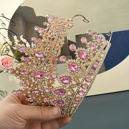 2pcs High-End Baroque Style Crowns with Pink Gemstones - an Elegant Headwear Suitable for Princess And Knight Themed Parties, Dances, And Celebrations