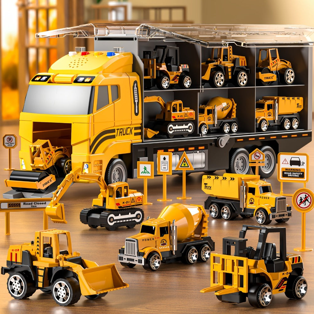 13-in-1 Construction Truck Vehicle Toy Set with Die-Cast Cars & Play Mat – Transport Carrier Truck Playset for Toddlers Kids Ages 3+, STEM Learning, Christmas & Birthday Gift