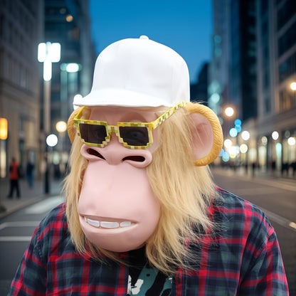 [Halloween] 1pc Funny Plush Monkey Mask - Cute Cartoon Animal Costume with White Hair, Fashion Glasses & Hat - Soft Latex Full Head Design for Halloween Parties, Role-Playing - One Size Fits Most Adults