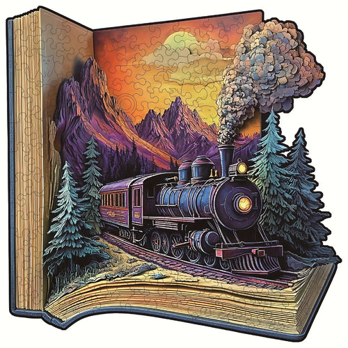 Book Galloping Train Wooden Puzzle for Adults-3D Vision Effect Wooden Puzzles, Unique Shape Pieces Wooden Jigsaw Puzzle, Creative Handmade Decorations, Holiday Gifts Home Decor Family Game