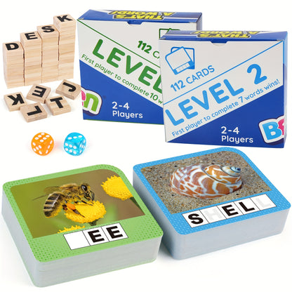 Kids Spelling Games Flash Card Sight Word Flashcards Wood Letter Tiles, Word Tile Dice Rolling Game for Kids Age 4+, Learning Educational Phonic for Kindergarten Preschool Autism Classroom Must Haves, Birthday Christmas Gift for Boys Girls 4.7*4.35''