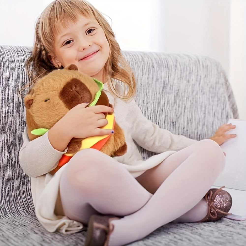 Capybara Plush Stuffed Animal Hamburger — Funny Cute Kawaii Capybara with Burger Hat Soft Plush Toy, Couch Pillow Doll, Unique Gift for Girls Kids Teens, Birthday Christmas Gift