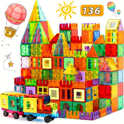 [Birthday Gifts] 80/106/136pcs Magnetic Tiles for Kids, Magnetic Building Blocks With 2 Cars, Magnet Tiles Construction Building Toys, STEM Sensory Toys Birthday Gifts Toys for Kids Boys Girls 3 4 5 6 7 8 9+ Year