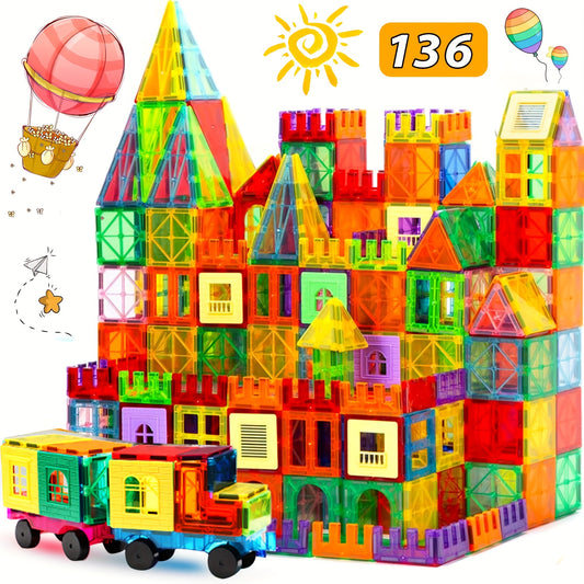 [Birthday Gifts] 80/106/136pcs Magnetic Tiles for Kids, Magnetic Building Blocks With 2 Cars, Magnet Tiles Construction Building Toys, STEM Sensory Toys Birthday Gifts Toys for Kids Boys Girls 3 4 5 6 7 8 9+ Year