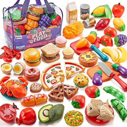 78pcs Set Of Kitchen Toys With Storage Bag, Dinnerware, Dummy Fruits, Vegetables, Plastic Accessories For Children Educational Learning Toy, Role Play Gift