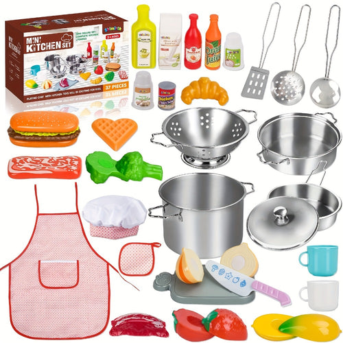 Kids Kitchen Playset 37pcs – Stainless Steel Play Pots & Pans Set with Apron, Chef Hat, Cooking Utensils & Play Food | Pretend Play Kitchen Toy, Birthday & Christmas Gift for Boys & Girls Ages 3+