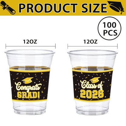 Graduation Party Plastic Mugs 100 Pack 14oz – 2026 Graduation Ceremony Cups in Multiple Colors for Graduation Parties, Celebrations & Party Essentials – Black, Red, Blue, Green, Purple & More