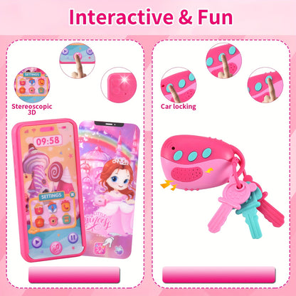 Pink Princess Play Purse, with Handbags, Phone, Pretend Makeup Play Purse, Lipstick & Keys, Crossbody Bag, (No Color Can Be Spread) Christmas Birthday Gifts for 3+Year Old Girls