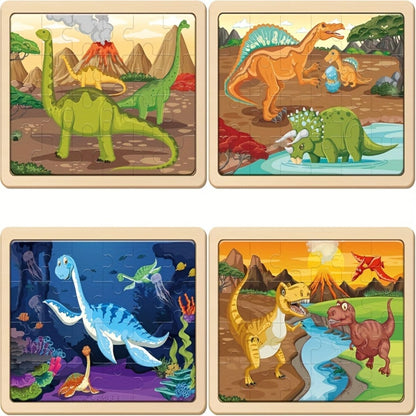 Wooden Dinosaur Puzzle Set for Kids Ages 3-8 – 4-in-1 Jigsaw Puzzles with 24 Pieces, Colorful Preschool Educational Toy for Boys & Girls, Fun Birthday Christmas Gift for Toddlers & Children