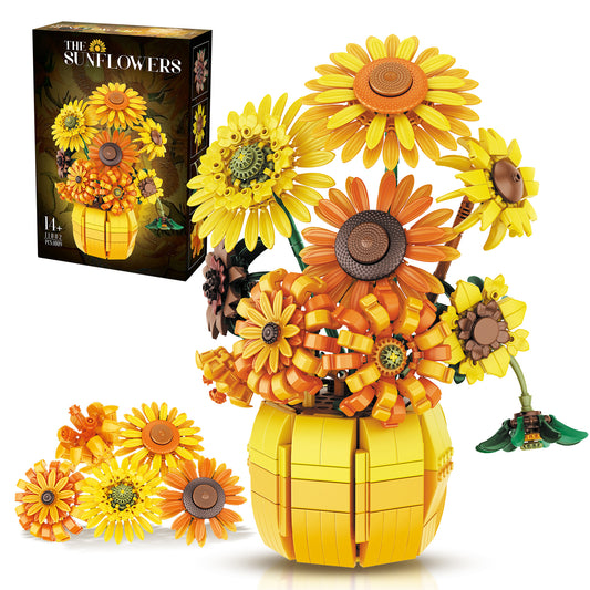 1009pcs Sunflower Bouquet Building Blocks Set, Realistic Floral Designs, Perfect for Projects, Vibrant Yellow Colors, Durable Materials, Home Decor, And Mother'S Day Gifts