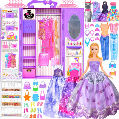 Doll Clothes & Closet Playset 91pcs for 11.5 Inch Fashion Dolls – Wardrobe with Princess Gowns, Dresses, Shoes, Handbags & Accessories, Creative Dress-Up Toy Gift Set for Girls Ages 3+