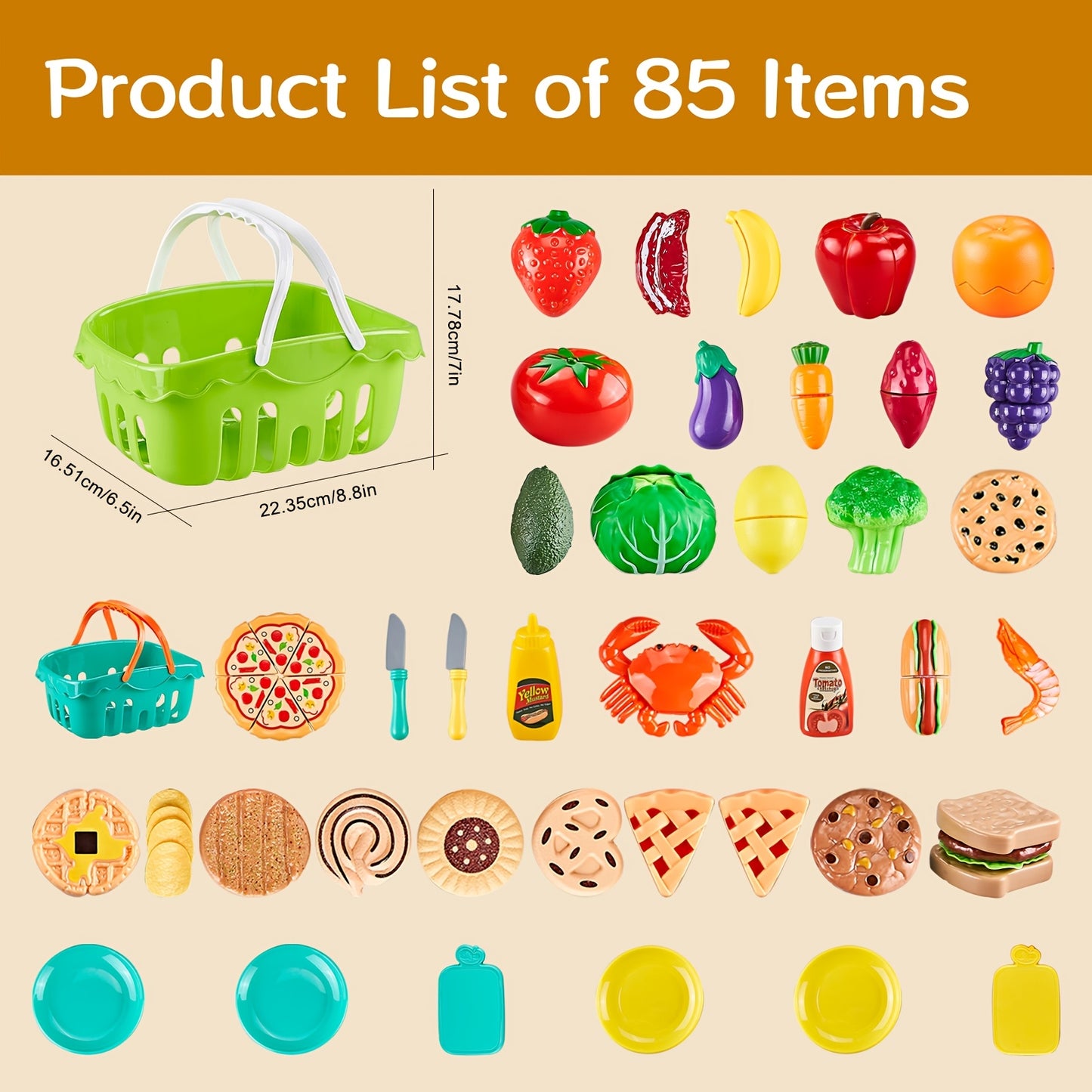 85pcs Pretend Play Food Sets for Kids Kitchen, Cutting Toy Food with 2 Baskets, Play Kitchen Accessories for Toddlers, Fake Food with Pizza Veggies Fruits, Kids Kitchen Toys, Boys Girls GiftChristmas