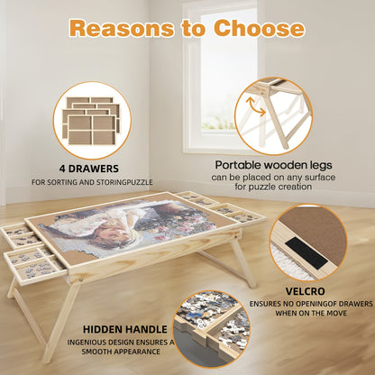 Puzzle Table with Folding Legs, Wooden Puzzle Table with 4 Drawers And 16 Grids, Portable Enlightenment Board for Storage And Sorting - 1000pcs Puzzle Table School Supplies