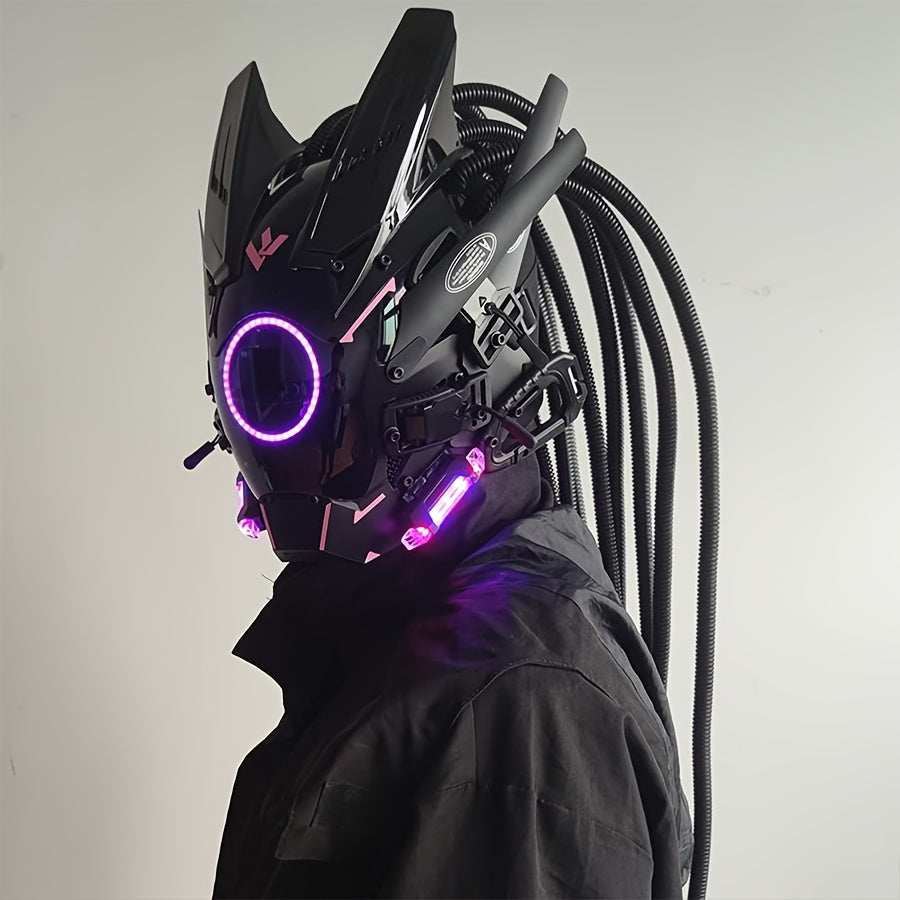 1pc Fashion Cool LED Punk Mask with Braids, Futurist Sci Fi Mechanical Mask Halloween Cosplay Samurai Mask Music Festival Party Cool Play Accessories Adult Gift