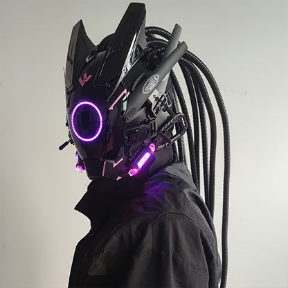 1pc Fashion Cool LED Punk Mask with Braids, Futurist Sci Fi Mechanical Mask Halloween Cosplay Samurai Mask Music Festival Party Cool Play Accessories Adult Gift