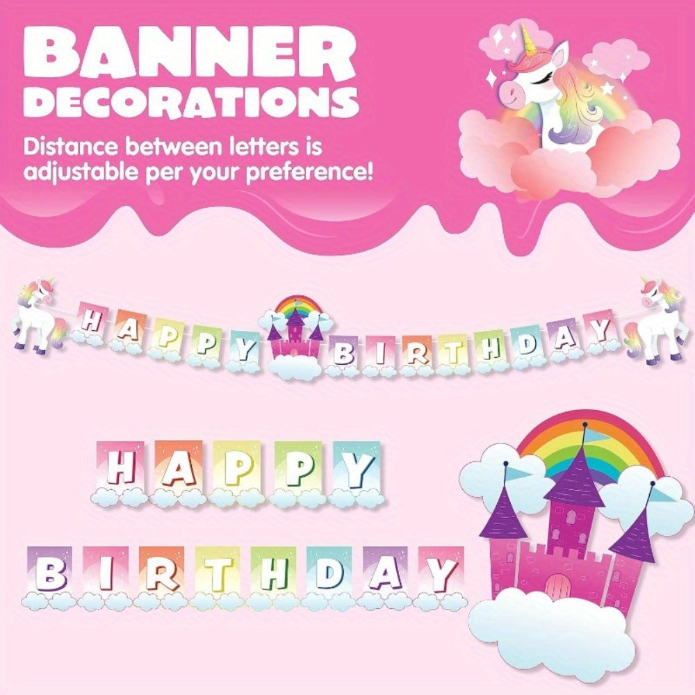 Unicorn Party Supplies 145 Pcs for 24 Guests – Disposable Tableware Set with Plates, Cups, Napkins, Cutlery & Happy Birthday Banner for Unicorn Theme Birthday Party Decorations