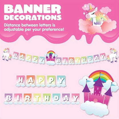 Unicorn Party Supplies 145 Pcs for 24 Guests – Disposable Tableware Set with Plates, Cups, Napkins, Cutlery & Happy Birthday Banner for Unicorn Theme Birthday Party Decorations